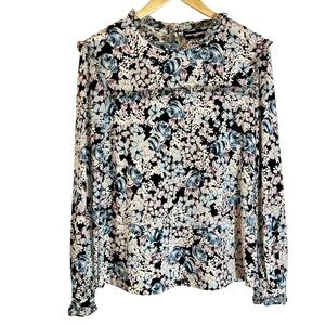 Karl Lagerfeld Paris Floral Black Purple Blue Long Sleeve Blouse